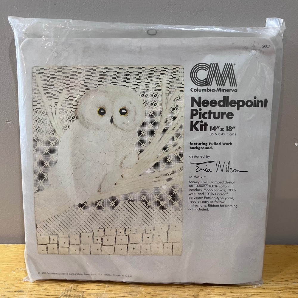 Vtg 1978 Columbia-Minerva Erica Wilson Snowy‎ Owl Needlepoint Kit 2007 14x18 70s